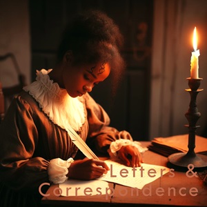 African American woman in circa 1850 clothing composes a letter at a desk.
